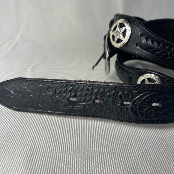 Silver Western Concho Cowboy Belt Black Tooled
Braided Leather Sz 44 - Picture 5 of 14